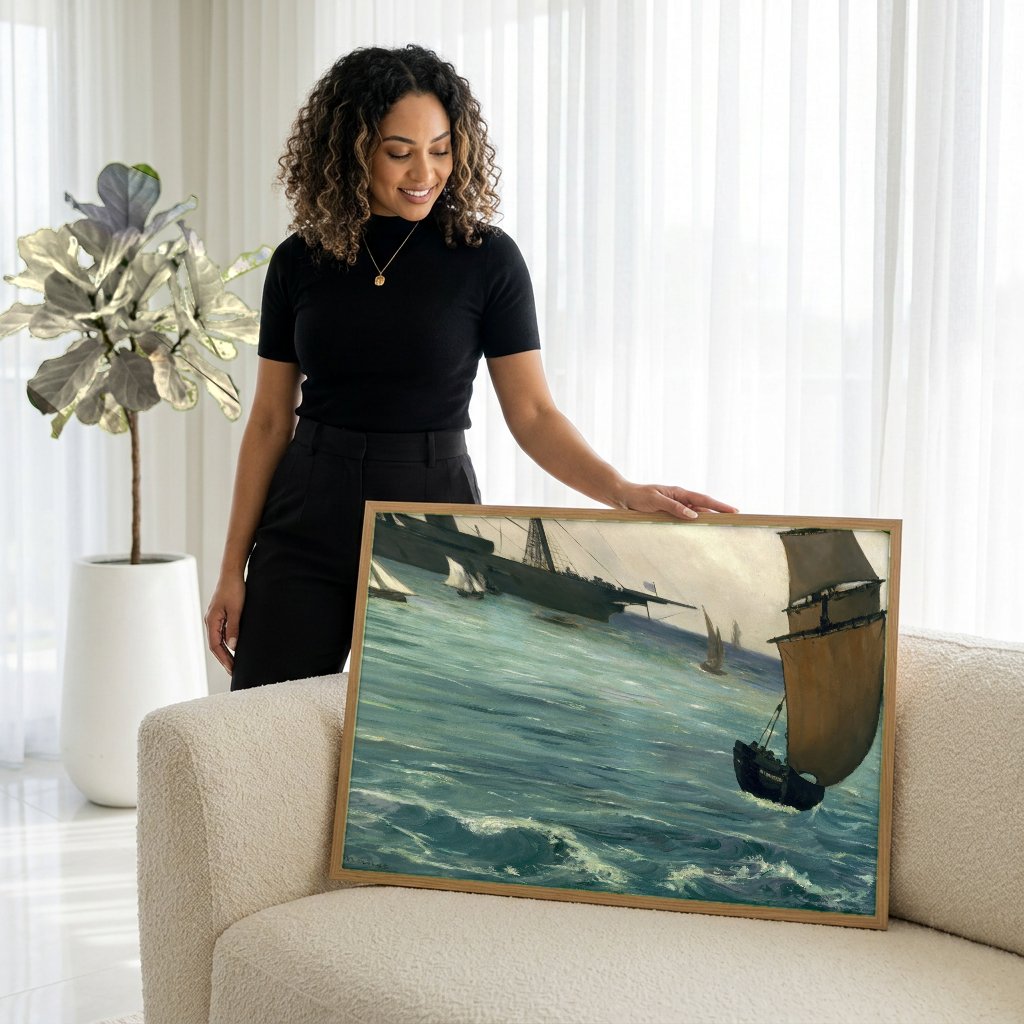 Quadro Decorativo A Partida do Vapor de Folkestone - Manet com modelo em ambiente