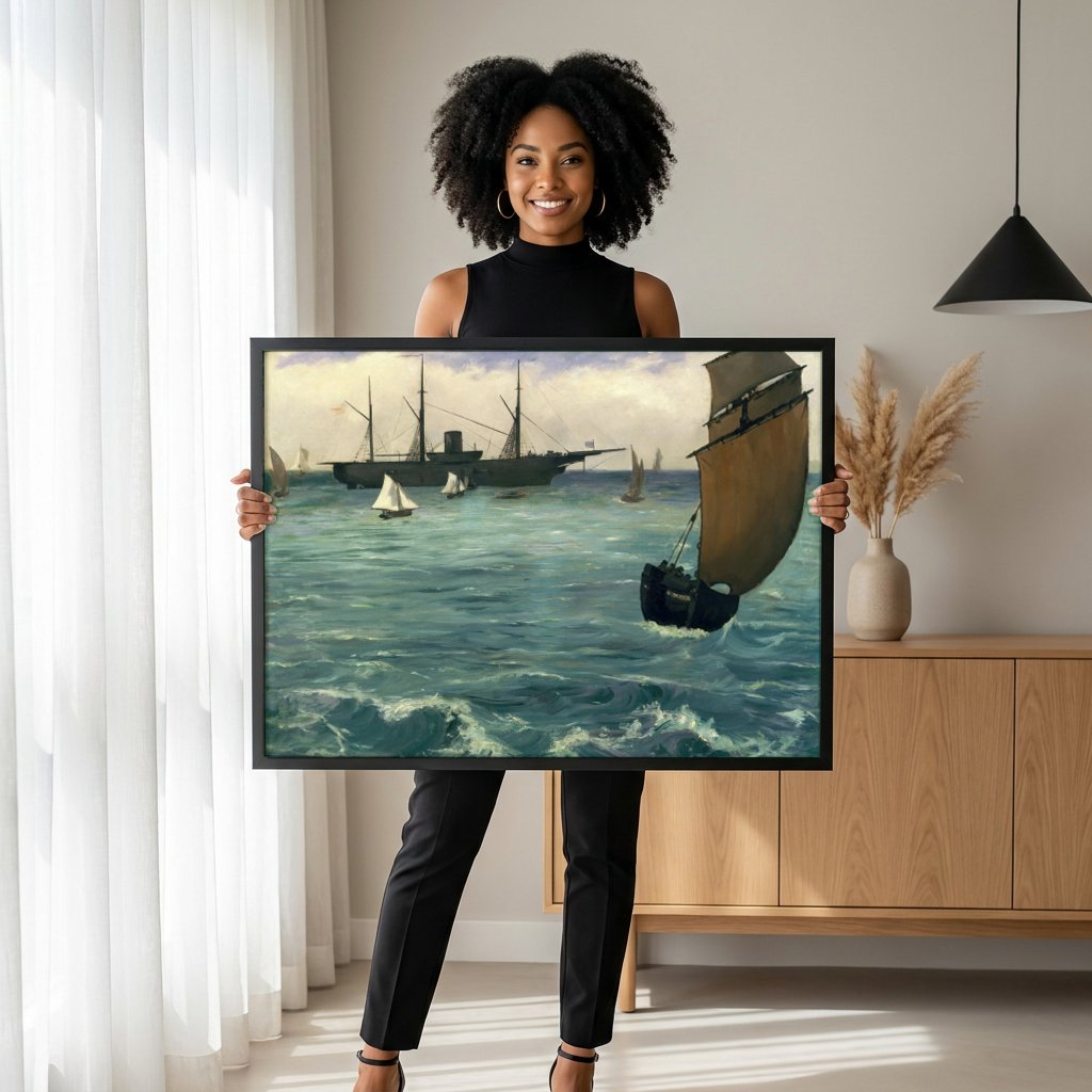 Quadro Decorativo A Partida do Vapor de Folkestone - Manet com modelo em ambiente