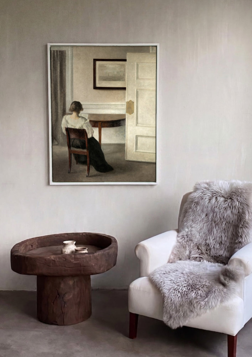 Quadro Decorativo Interior com Mulher de Costas - Vilhelm Hammershøi em ambiente decorado
