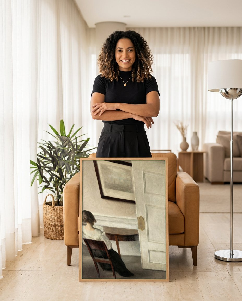 Quadro Decorativo Interior com Mulher de Costas - Vilhelm Hammershøi com modelo em ambiente