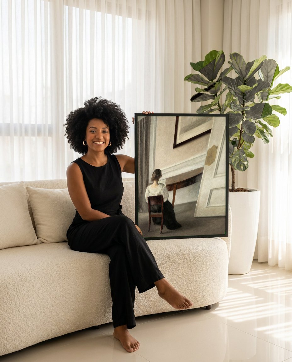 Quadro Decorativo Interior com Mulher de Costas - Vilhelm Hammershøi com modelo em ambiente