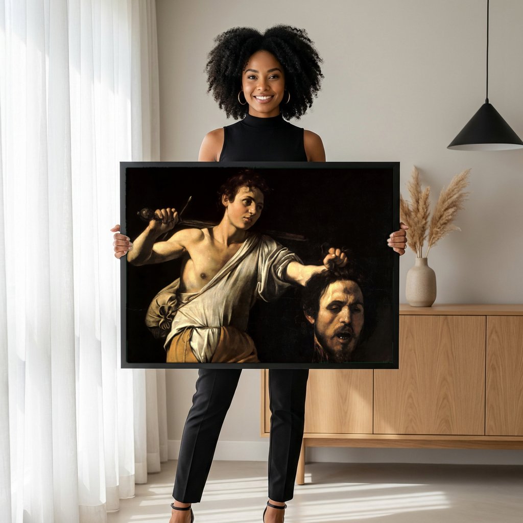 Quadro Decorativo David com a Cabeça de Golias - Caravaggio com modelo em ambiente