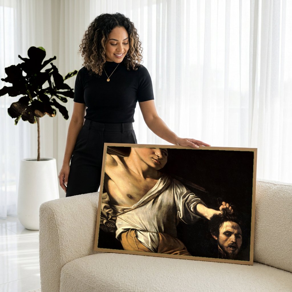 Quadro Decorativo David com a Cabeça de Golias - Caravaggio com modelo em ambiente