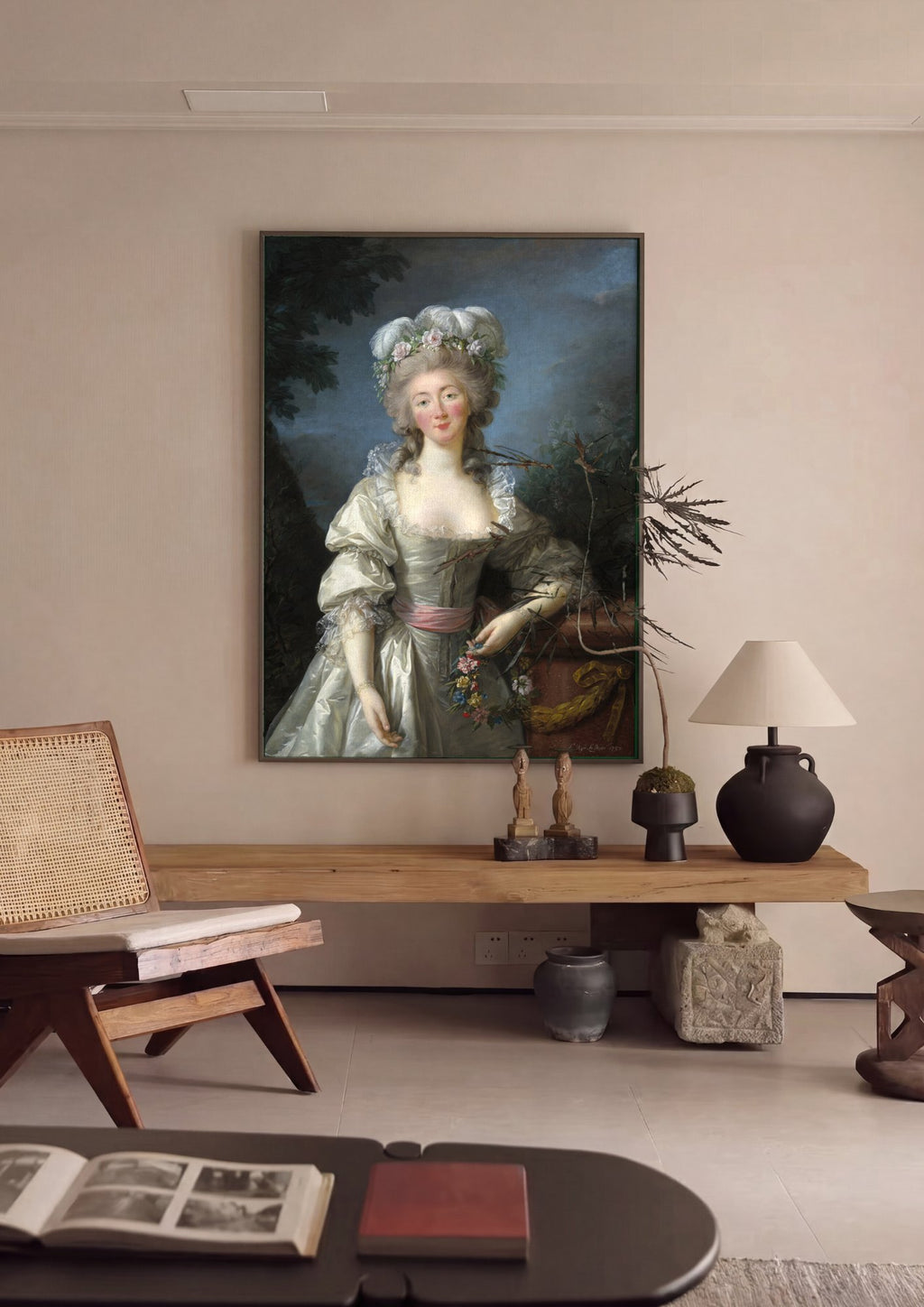 Quadro Decorativo Senhora com Chapéu de Plumas - Vigée Le Brun em ambiente decorado