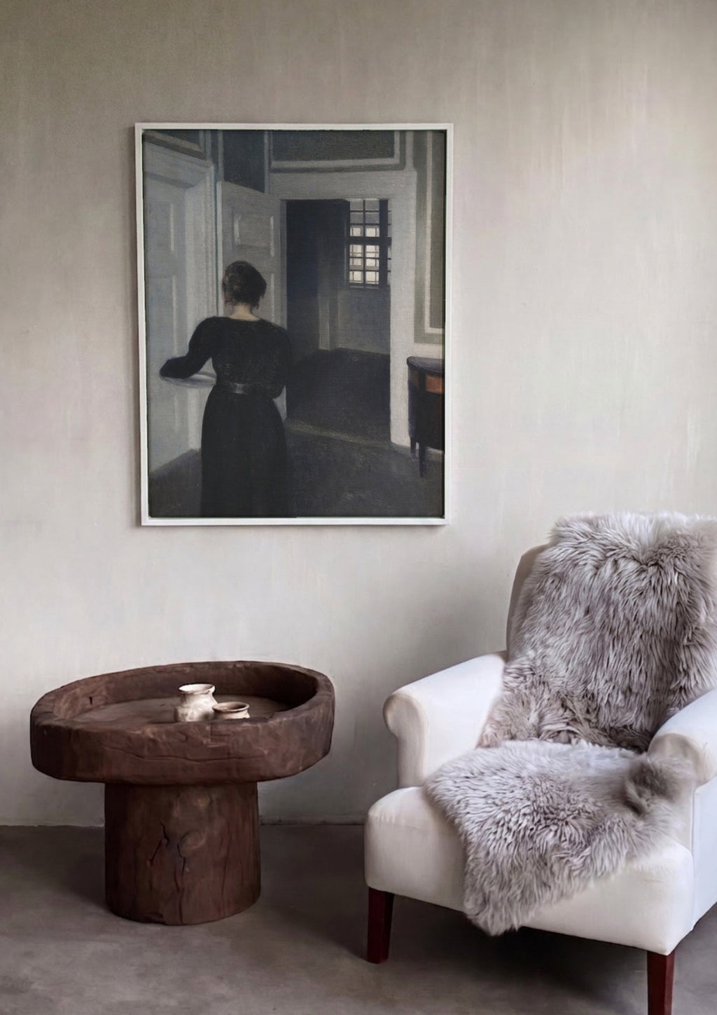 Quadro Decorativo Interior com Mulher de Costas - Vilhelm Hammershøi em ambiente decorado