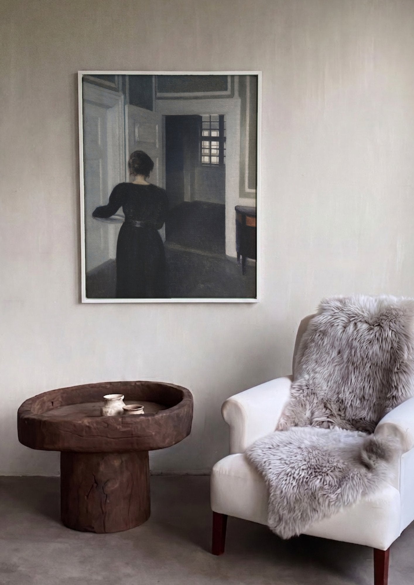 Quadro Decorativo Interior com Mulher de Costas - Vilhelm Hammershøi em ambiente decorado