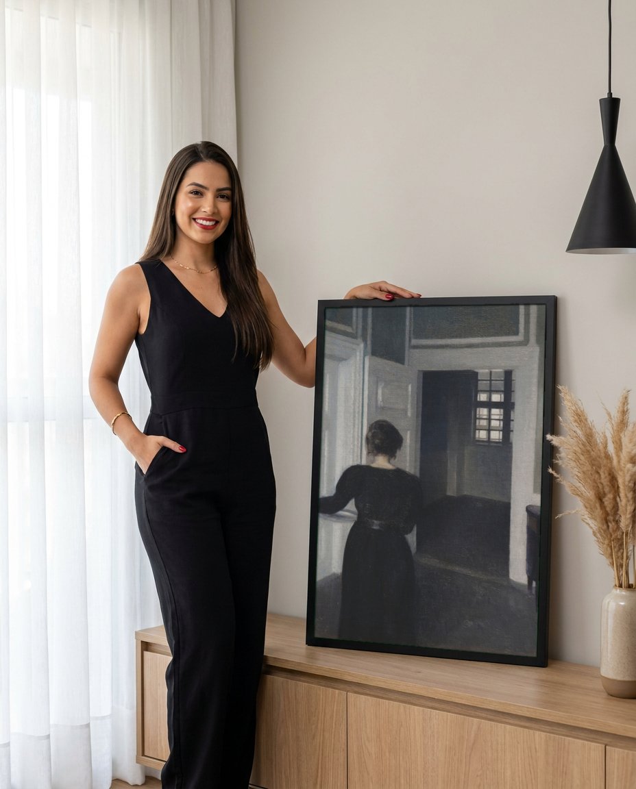 Quadro Decorativo Interior com Mulher de Costas - Vilhelm Hammershøi com modelo em ambiente