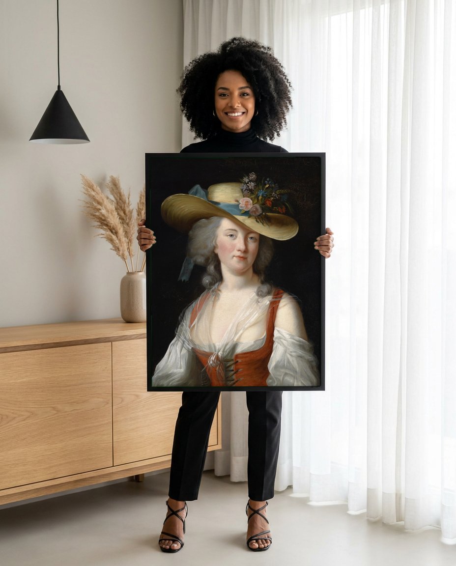 Quadro Decorativo Senhora com Chapéu de Palha - Vigée Le Brun com modelo em ambiente