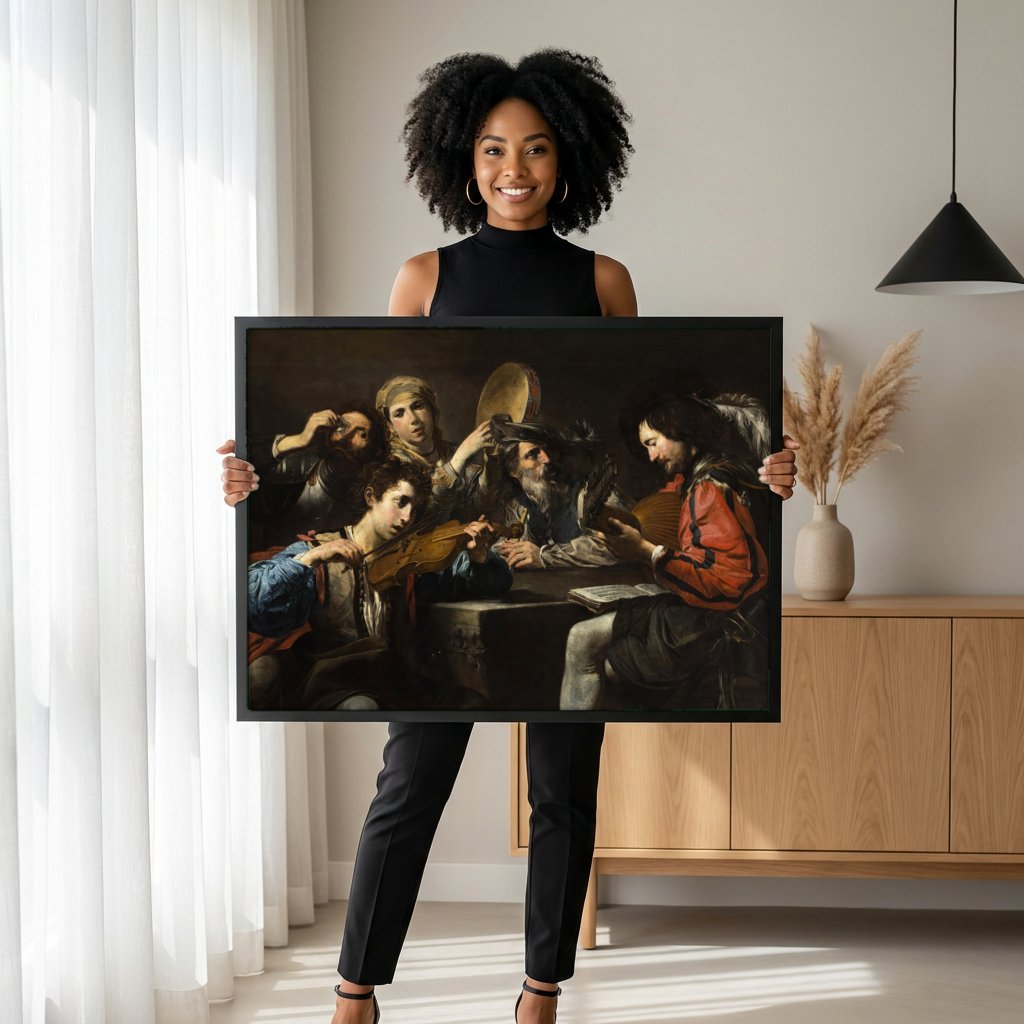 Quadro Decorativo Os Músicos - Valentin de Boulogne com modelo em ambiente