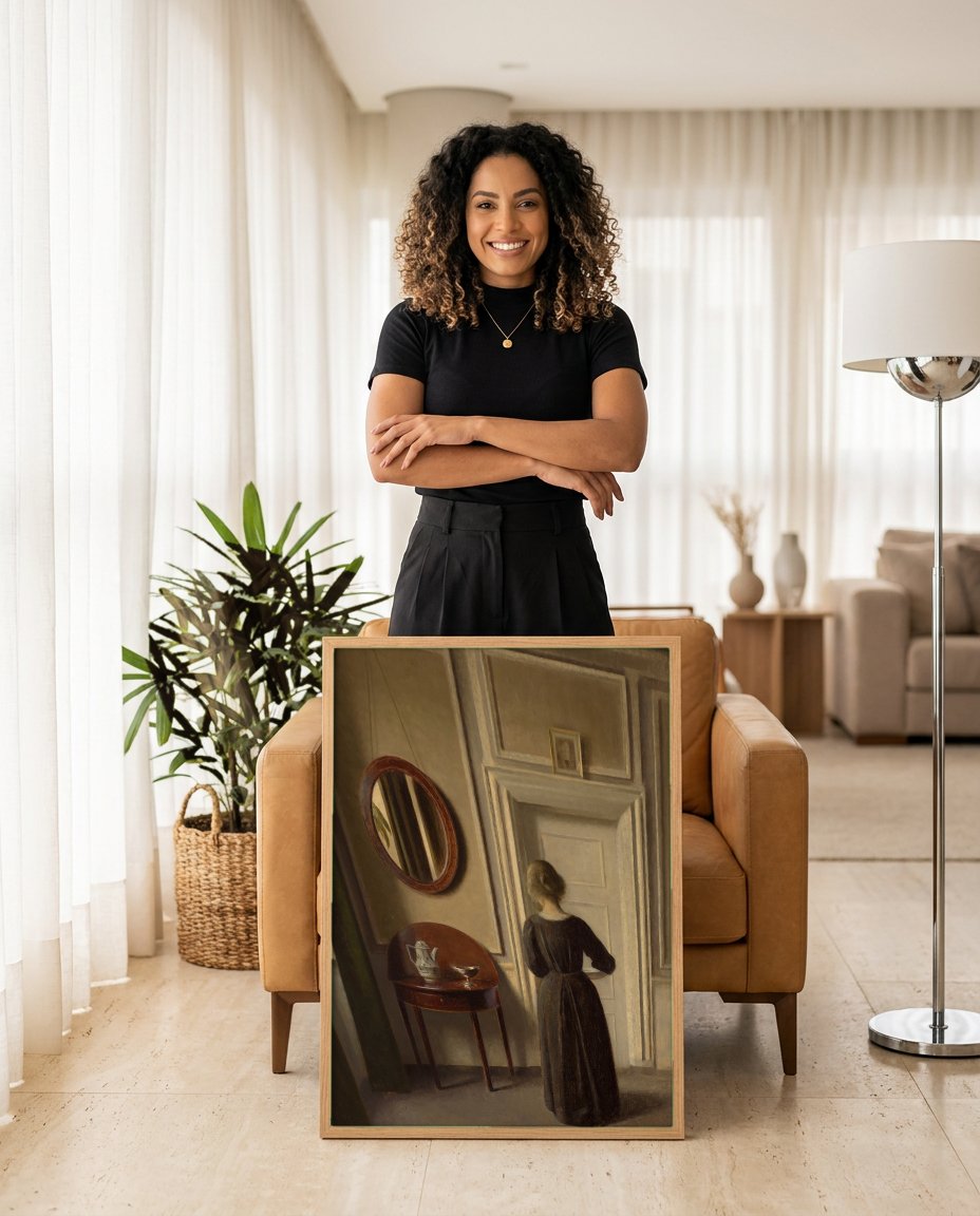 Quadro Decorativo Interior com Mulher de Costas - Hammershøi com modelo em ambiente
