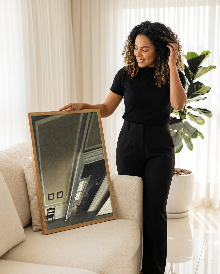 Quadro Decorativo Interior com Mulher de Costas - Hammershøi com modelo em ambiente