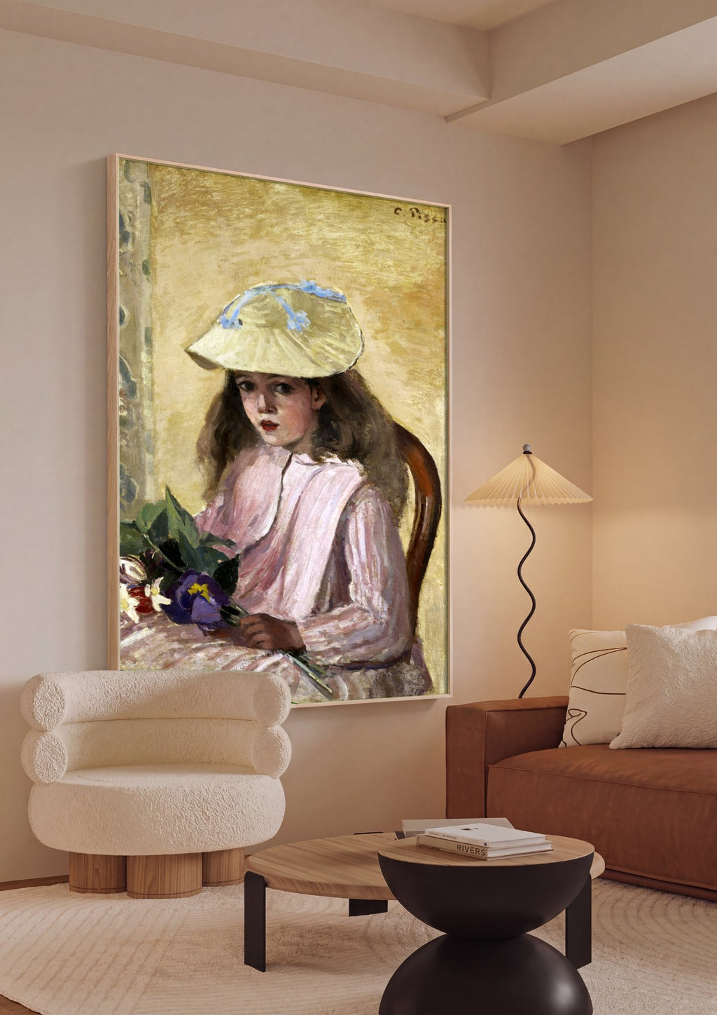 Quadro Decorativo A Menina do Chapéu de Palha com Flores - Pissarro em ambiente decorado