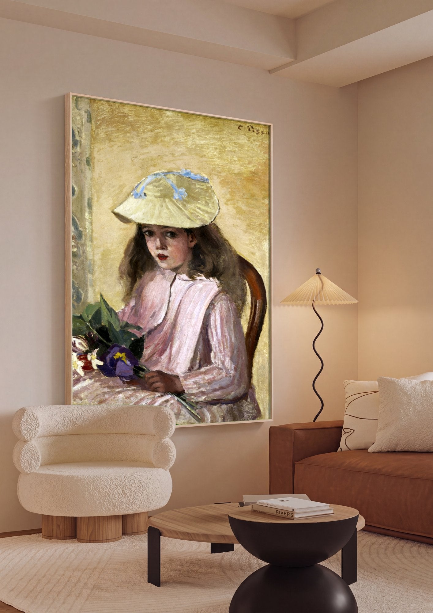 Quadro Decorativo A Menina do Chapéu de Palha com Flores - Pissarro em ambiente decorado