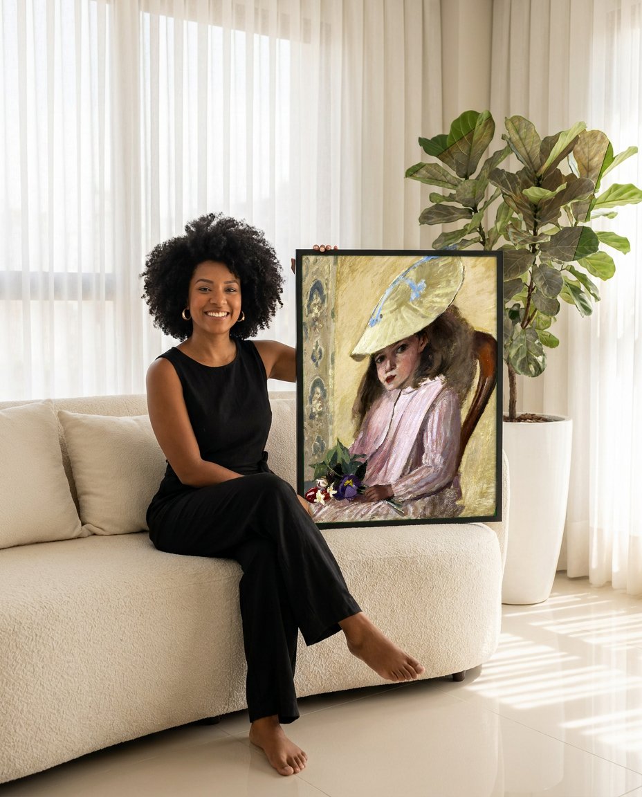 Quadro Decorativo A Menina do Chapéu de Palha com Flores - Pissarro com modelo em ambiente