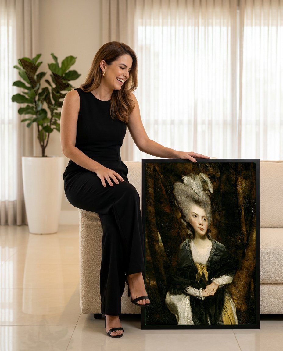 Quadro Decorativo Senhora com Chapéu de Pena - Sir Joshua Reynolds com modelo em ambiente