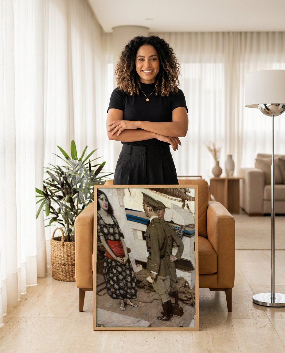 Quadro Decorativo A Mulher no Convés - Dean Cornwell com modelo em ambiente
