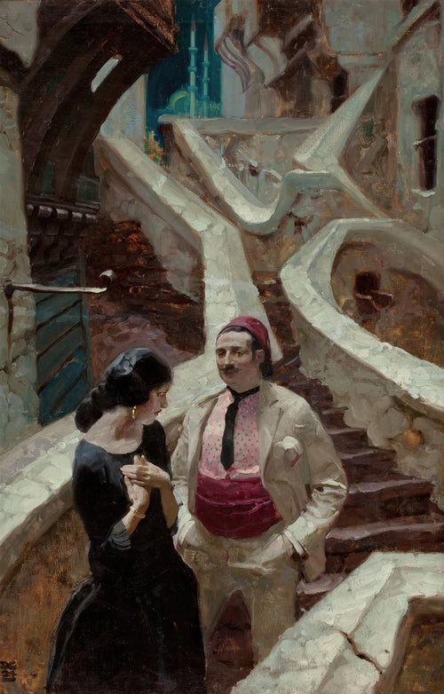 Quadro decorativo 'The Conversation' de Dean Cornwell, representando um homem e uma mulher conversando em uma escadaria sinuosa de um ambiente oriental, com uma mesquita ao fundo. A mulher está em um vestido preto e o homem em um terno creme e turbante vermelho, em uma cena noturna ou crepuscular.