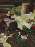 Pintura de Dean Cornwell retratando uma mulher com um bebê no colo e outra deitada na cama em um quarto com iluminação suave, transmitindo preocupação e cuidado.