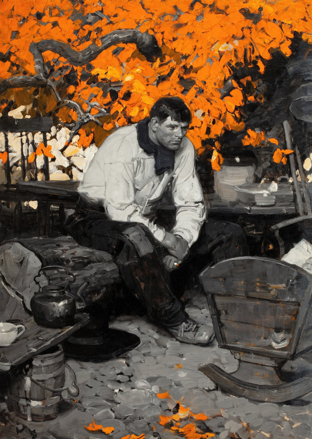 Quadro decorativo com a pintura 'O Lenhador' de Dean Cornwell. Um homem com camisa branca e lenço escuro no pescoço senta-se, pensativo, sob uma árvore com folhagem laranja vibrante. O restante da cena é em tons de cinza, preto e branco, com detalhes de um machado e outros objetos, sugerindo um cenário campestre ou de trabalho.