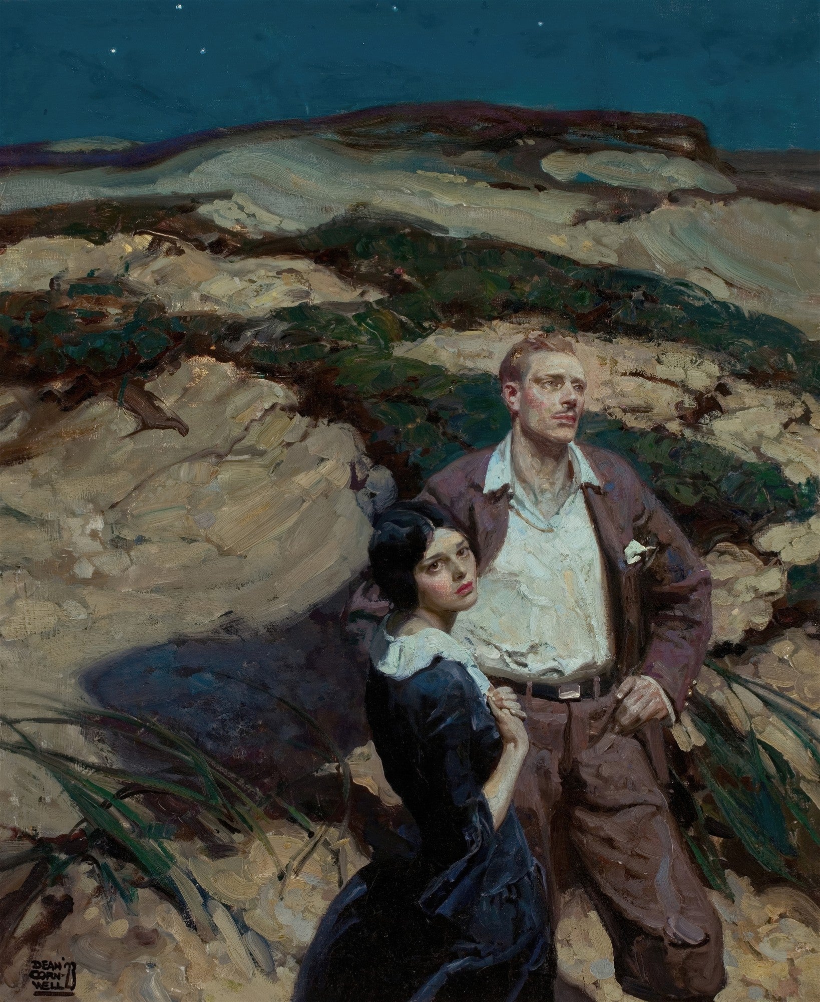 Casal sob um céu estrelado, em uma paisagem árida e montanhosa, pintado por Dean Cornwell. A mulher em primeiro plano, com olhar expressivo, o homem em segundo plano olhando para o horizonte. Cores terrosas e azul profundo no céu.