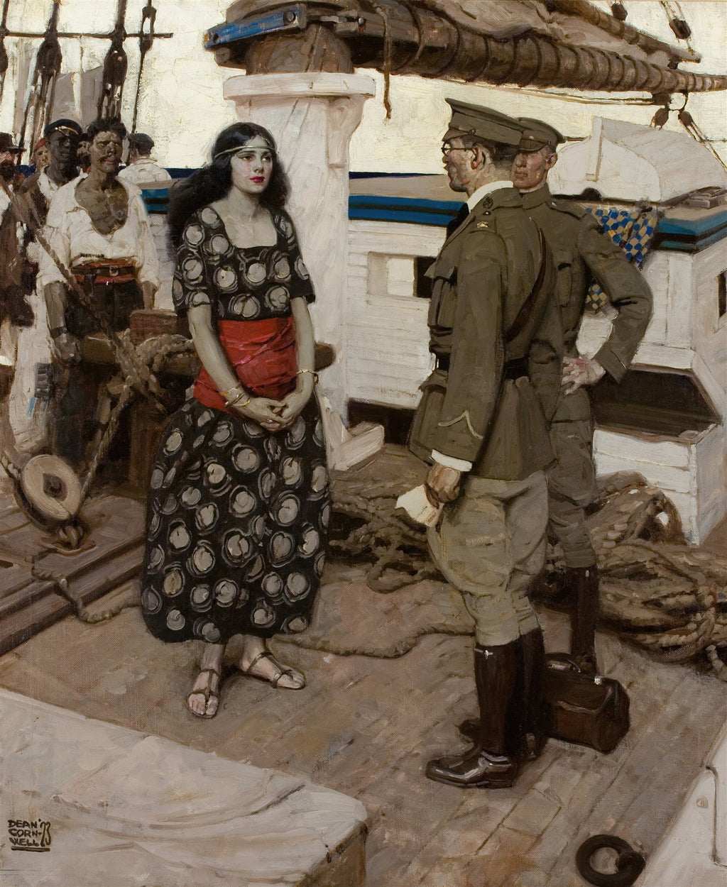 Pintura a óleo de Dean Cornwell mostrando uma mulher com vestido estampado e um lenço vermelho na cintura, em pé num convés de navio, olhando para dois homens em uniformes militares. Ao fundo, outros tripulantes e mastros de navio.