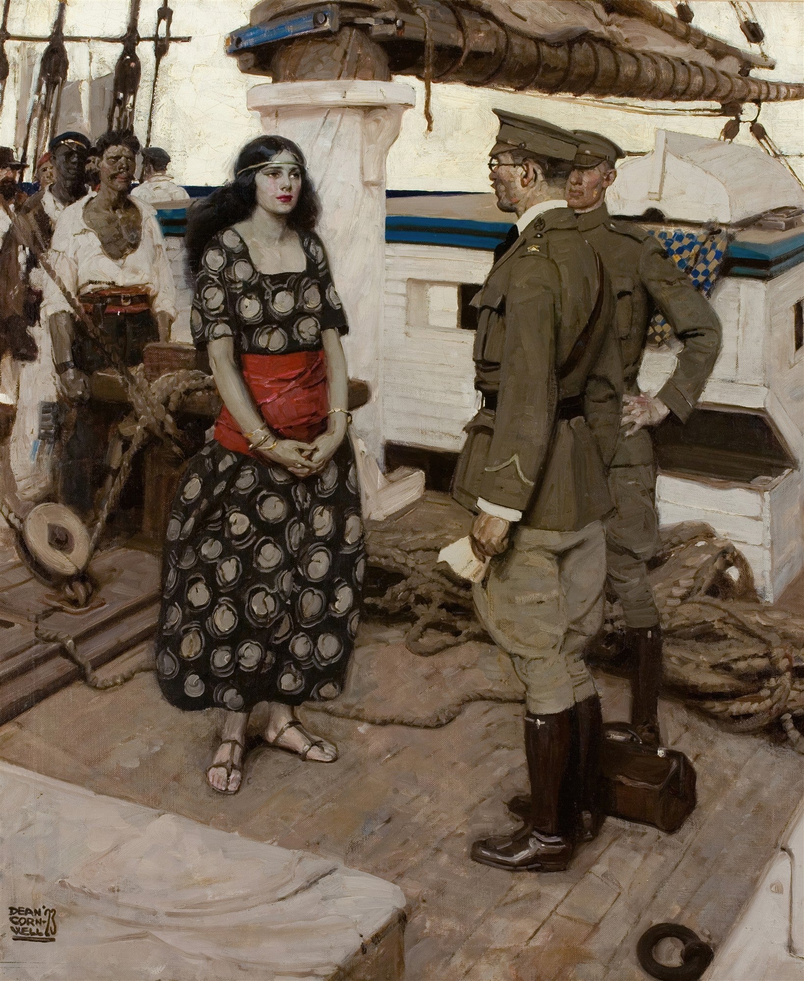 Pintura a óleo de Dean Cornwell mostrando uma mulher com vestido estampado e um lenço vermelho na cintura, em pé num convés de navio, olhando para dois homens em uniformes militares. Ao fundo, outros tripulantes e mastros de navio.