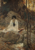 Uma pintura a óleo de Dean Cornwell retratando uma jovem sentada em rochas ao lado de um riacho em uma floresta outonal. A mulher veste uma blusa branca e tem um chapéu de palha ao seu lado. As folhas caídas cobrem o chão e a vegetação é densa ao fundo.