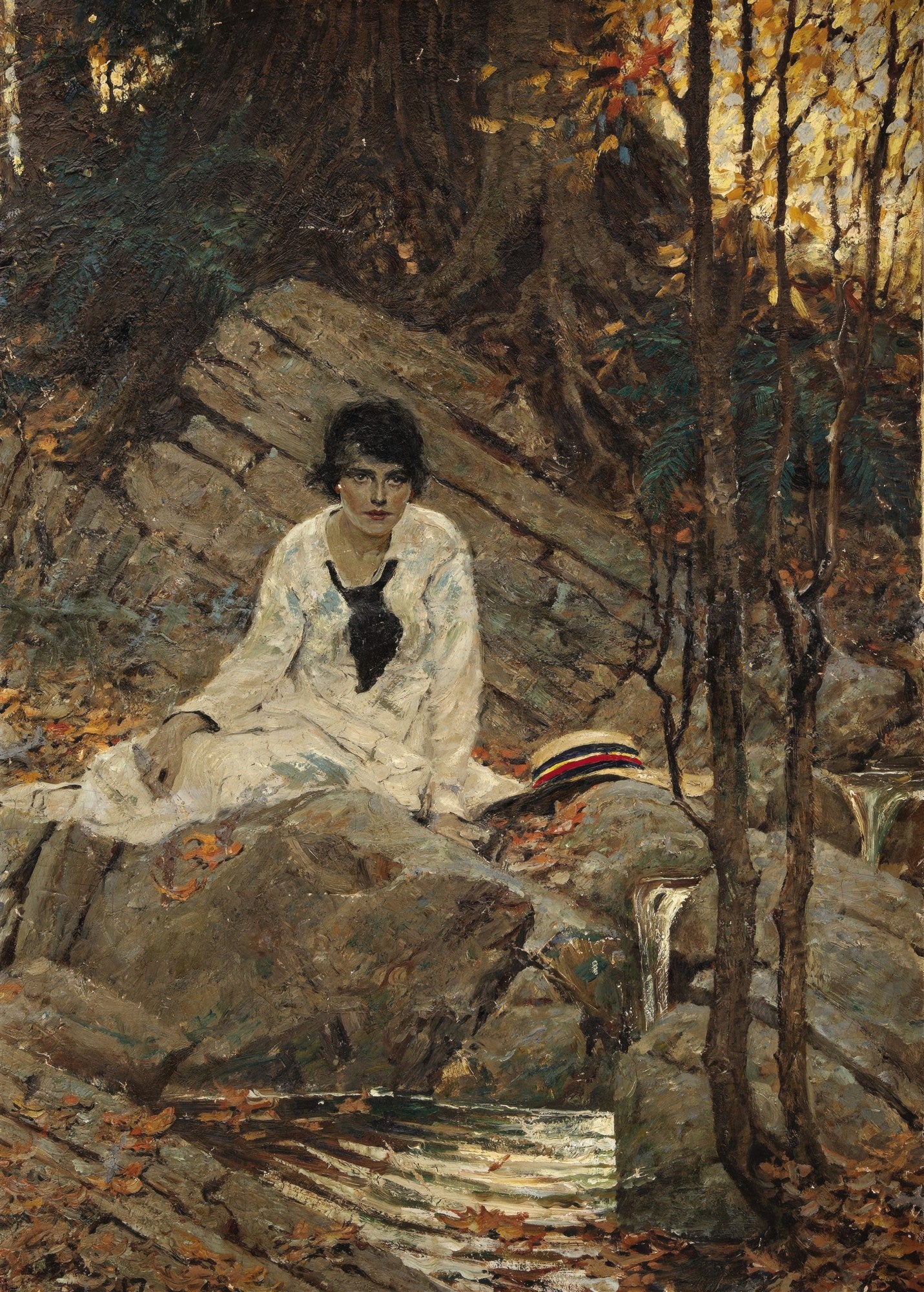 Uma pintura a óleo de Dean Cornwell retratando uma jovem sentada em rochas ao lado de um riacho em uma floresta outonal. A mulher veste uma blusa branca e tem um chapéu de palha ao seu lado. As folhas caídas cobrem o chão e a vegetação é densa ao fundo.