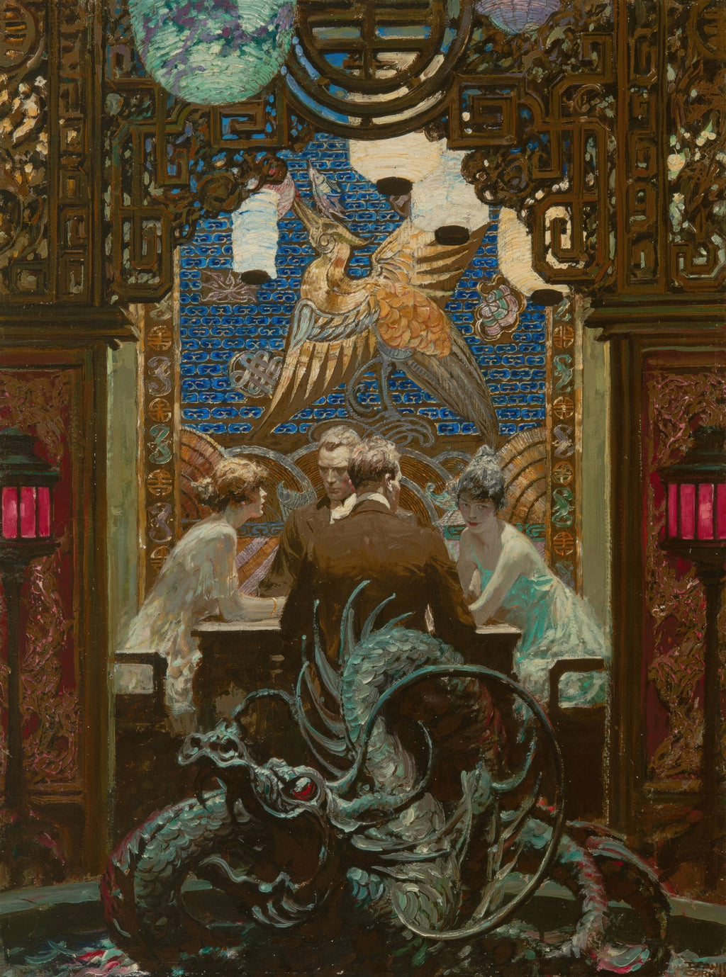 Quadro a óleo de Dean Cornwell retratando uma cena oriental com quatro pessoas ao redor de uma mesa, um grande dragão no primeiro plano e um fênix ao fundo, em um ambiente ricamente decorado com padrões asiáticos e lanternas vermelhas. As cores predominantes são marrons, dourados, azuis e vermelhos.