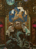 Quadro a óleo de Dean Cornwell retratando uma cena oriental com quatro pessoas ao redor de uma mesa, um grande dragão no primeiro plano e um fênix ao fundo, em um ambiente ricamente decorado com padrões asiáticos e lanternas vermelhas. As cores predominantes são marrons, dourados, azuis e vermelhos.