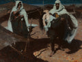 Pintura de Dean Cornwell "A Fuga no Deserto", retratando um homem de turbante branco carregando uma mulher desfalecida, enquanto outro figura de branco observa com uma arma. Cena dramática no deserto noturno.