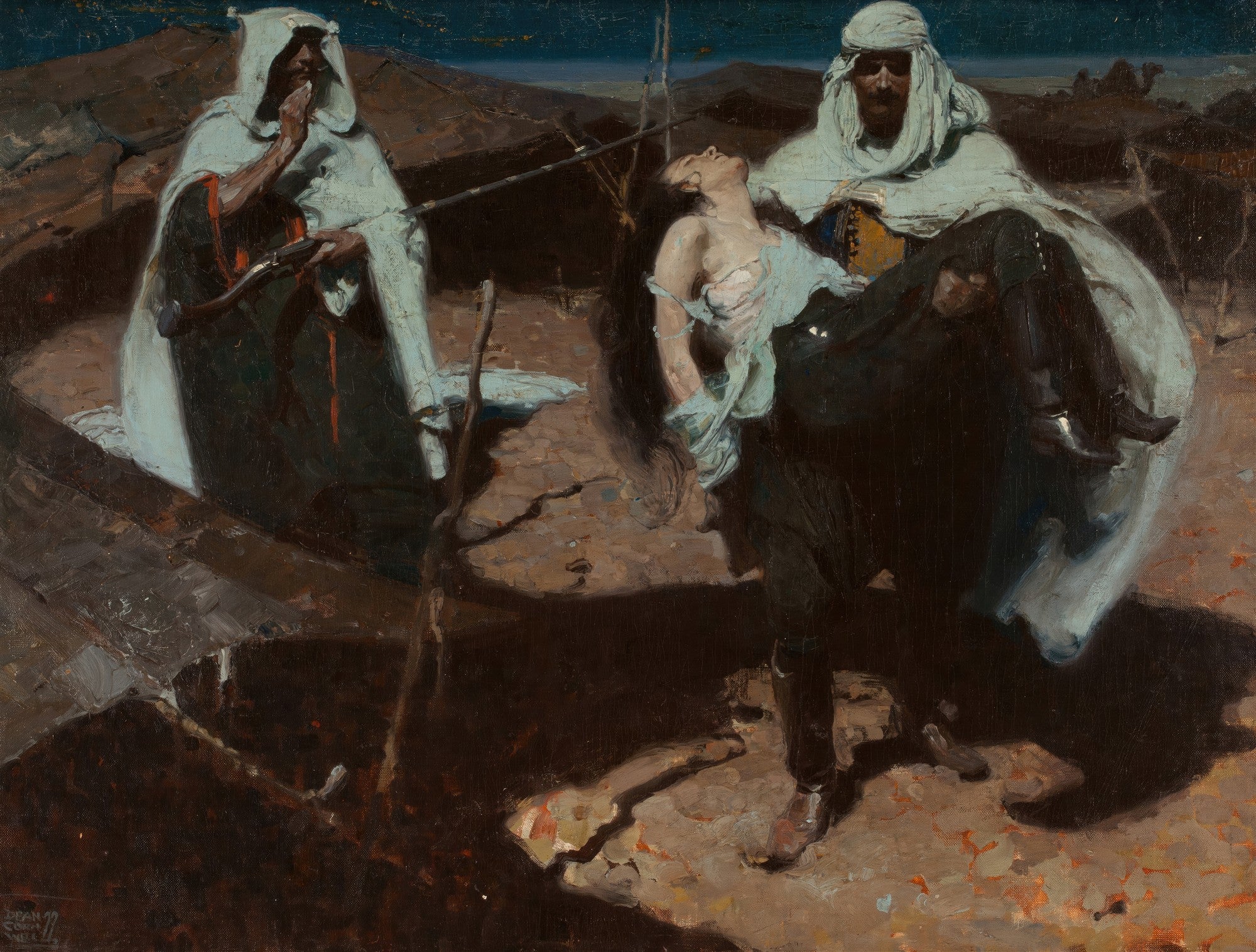 Pintura de Dean Cornwell "A Fuga no Deserto", retratando um homem de turbante branco carregando uma mulher desfalecida, enquanto outro figura de branco observa com uma arma. Cena dramática no deserto noturno.