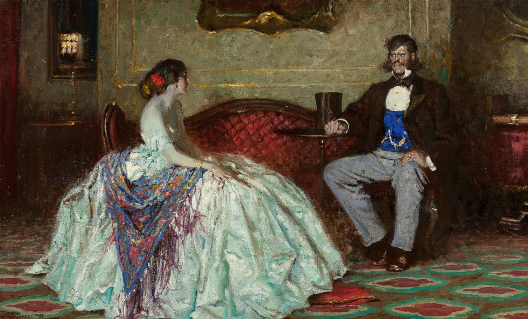 Pintura a óleo de Dean Cornwell de 1918, retratando um homem e uma mulher em uma conversa íntima em um interior ricamente decorado. A mulher, à esquerda, veste um vestido claro com um xale colorido e tem uma flor vermelha no cabelo. O homem, à direita, usa terno escuro, colete azul e bigode proeminente, sentado em uma poltrona vermelha. O ambiente é iluminado por uma luz suave de uma janela ao fundo.