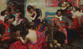 Quadro decorativo com uma vibrante cena de taberna espanhola, pintada por Dean Cornwell. Homens e mulheres dançam, cantam e bebem em um ambiente festivo com instrumentos musicais e roupas coloridas.