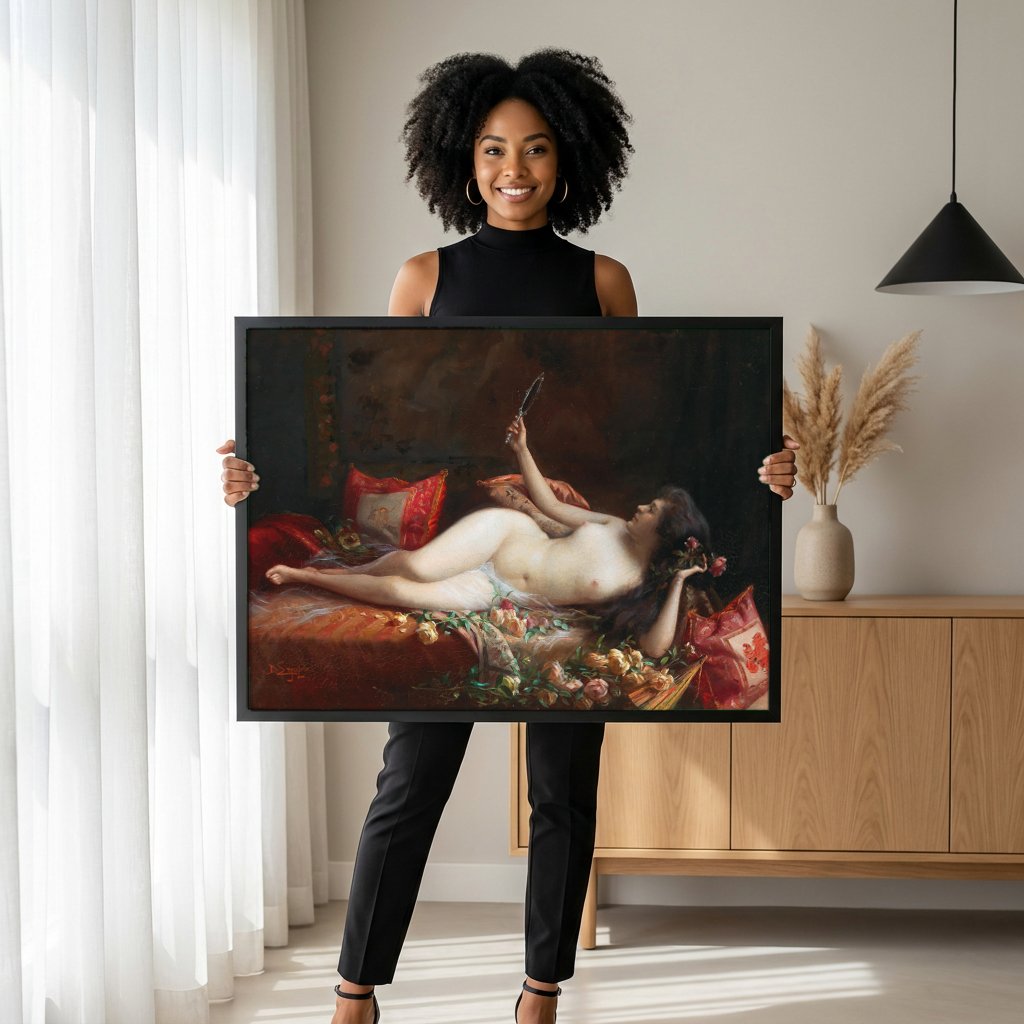 Quadro Decorativo Mulher com Espelho - Delphin Enjolras com modelo em ambiente