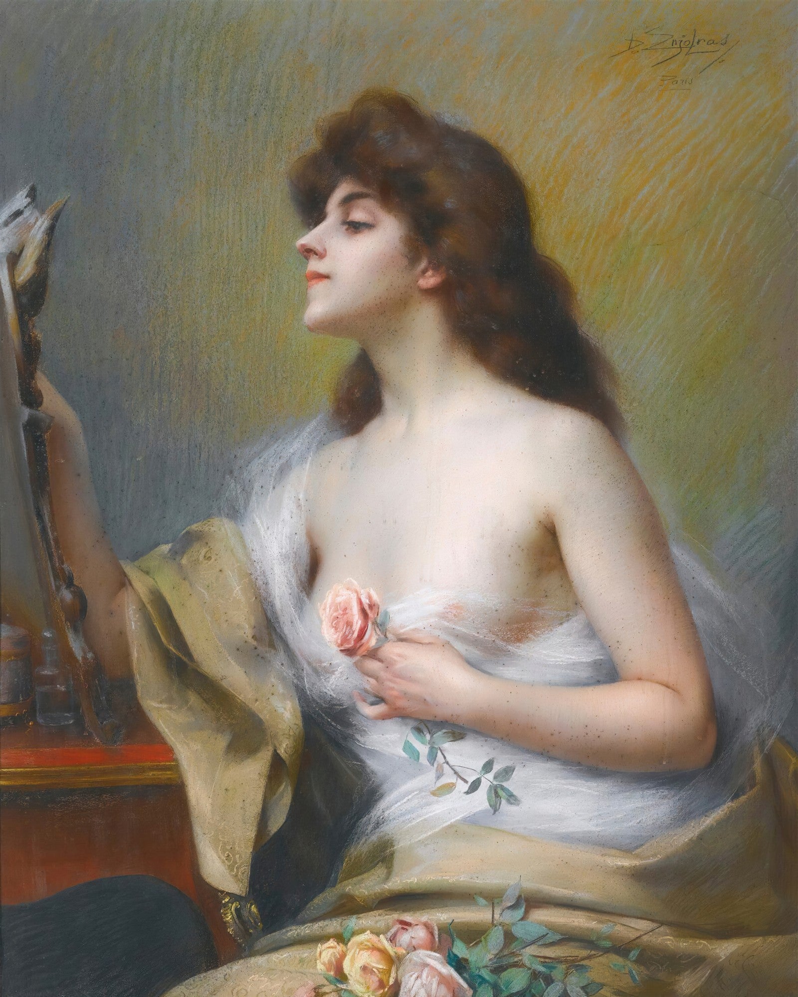 Quadro decorativo 'A Jovem e o Espelho' de Delphin Enjolras, retratando uma jovem em perfil, admirando-se num espelho, com rosas e tecidos delicados, em tons pastéis e luz suave.