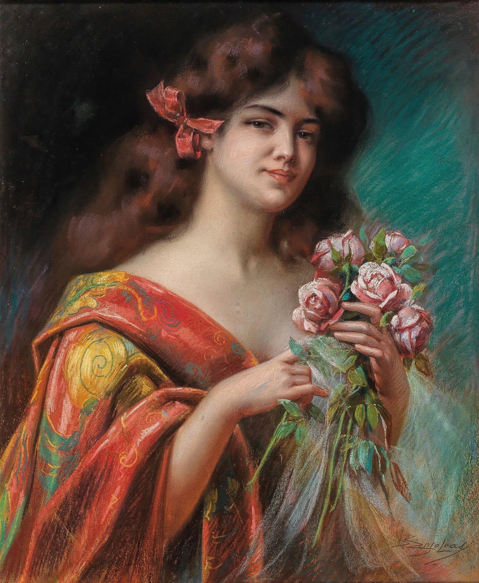 Retrato de uma mulher jovem com cabelos castanhos ondulados adornados com um laço vermelho, segurando um buquê de rosas rosadas. Ela veste um manto vermelho e dourado e sorri suavemente, com um fundo escuro e esverdeado. Obra de Delphin Enjolras.