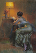 Mulher lendo um livro à luz de um abajur, obra de Delphin Enjolras em tons quentes e terrosos.