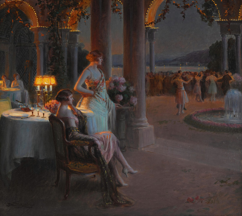 Quadro decorativo com pintura de Delphin Enjolras 'A Festa Noturna', mostrando duas mulheres em um terraço iluminado à noite, observando uma festa dançante ao fundo com uma fonte.