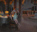 Quadro decorativo com pintura de Delphin Enjolras 'A Festa Noturna', mostrando duas mulheres em um terraço iluminado à noite, observando uma festa dançante ao fundo com uma fonte.