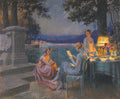 Quadro decorativo 'Soirée au bord du lac' de Delphin Enjolras, representando três mulheres em um terraço à beira de um lago ao anoitecer, com iluminação de abajur e luzes distantes da cidade.