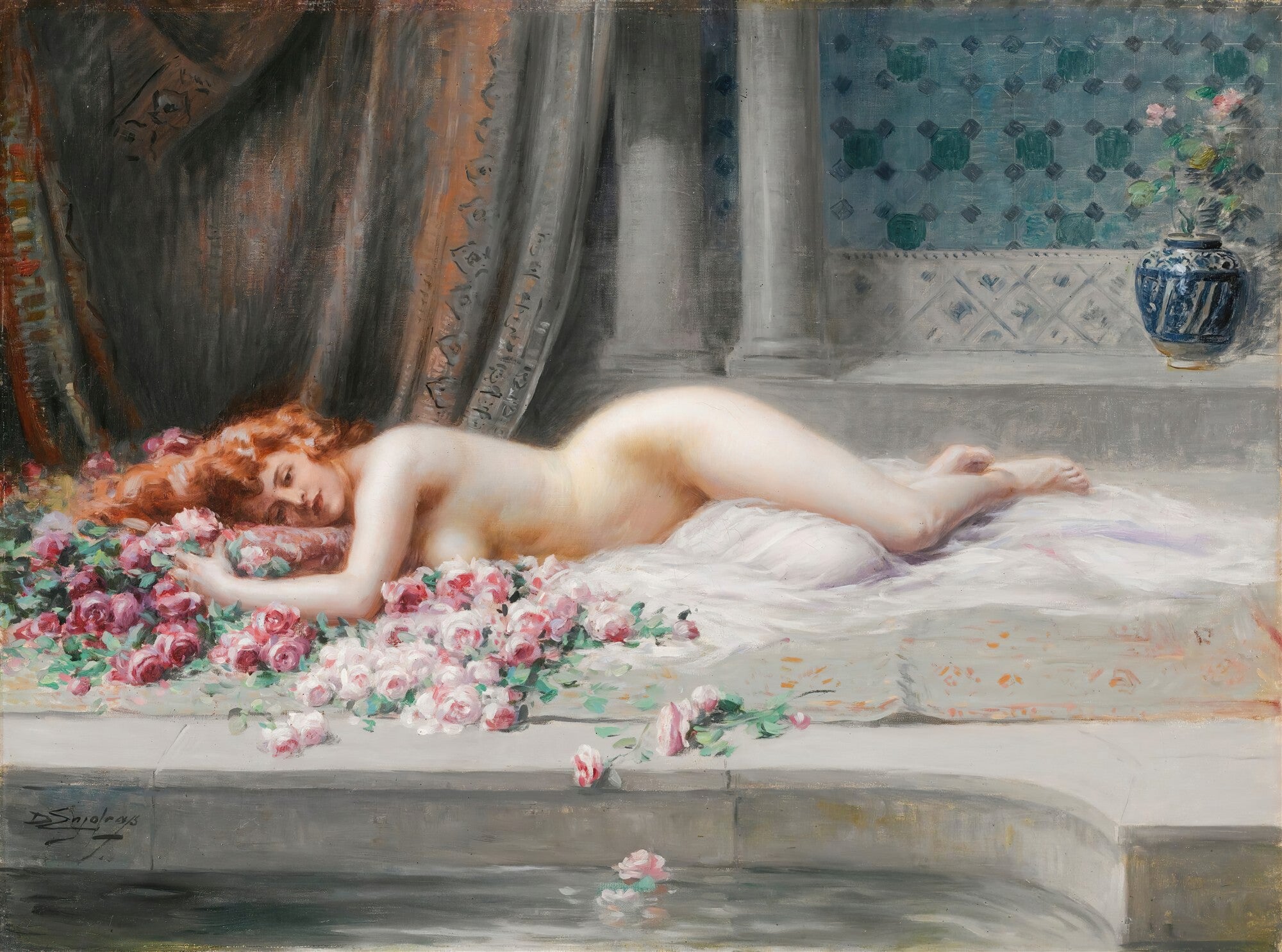Quadro decorativo "A Ninfa Adormecida" de Delphin Enjolras, retratando uma mulher nua de cabelos ruivos deitada entre rosas, em tons pastel.