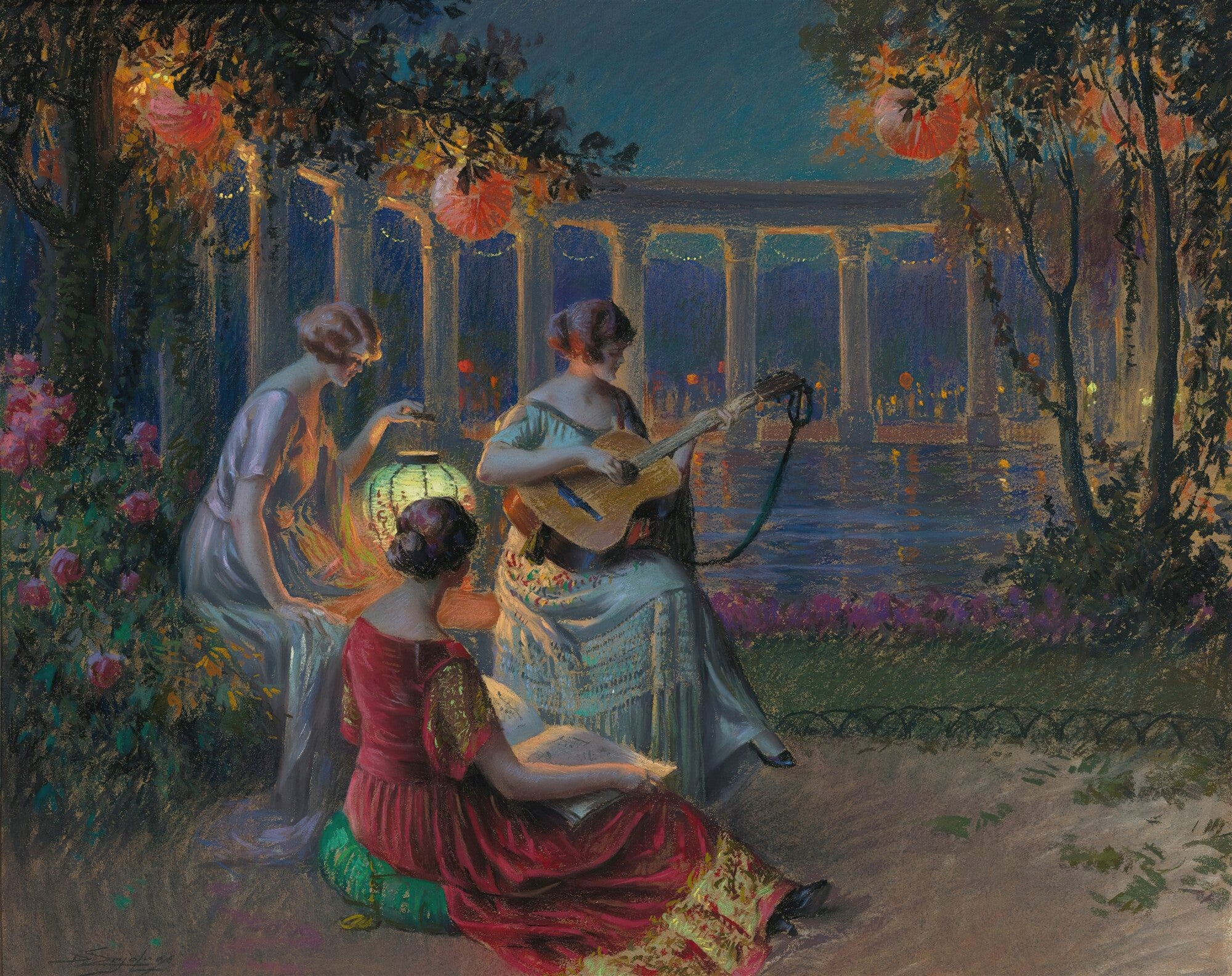 Quadro decorativo mostrando três mulheres em um jardim à noite, uma delas tocando violão, iluminadas por lanternas, com um palácio e um lago ao fundo. Obra de Delphin Enjolras.
