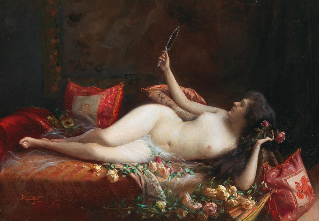 Quadro decorativo de uma mulher nua deitada em um leito, olhando-se em um espelho de mão. Rosas espalhadas ao redor e almofadas vermelhas.