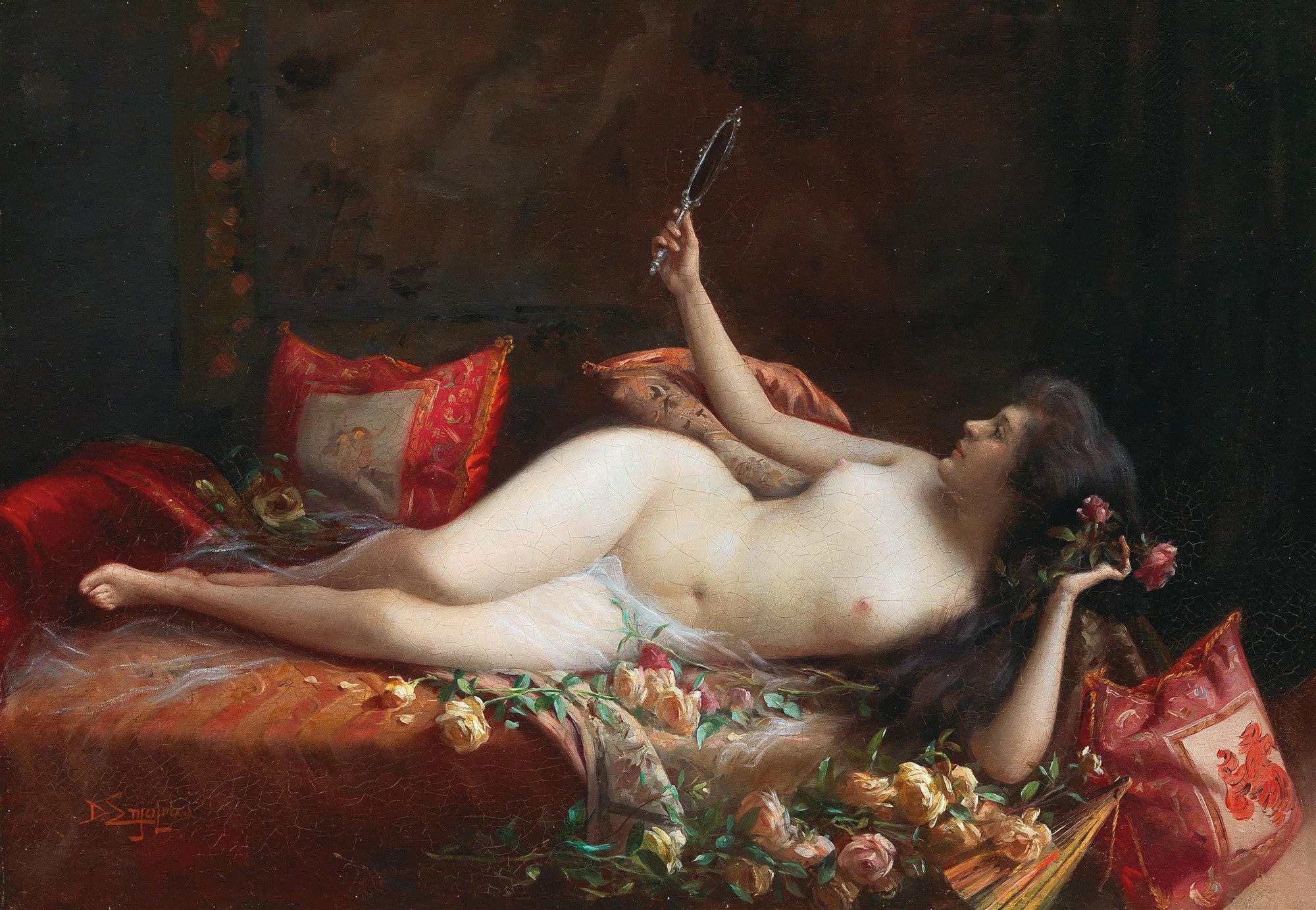 Quadro decorativo de uma mulher nua deitada em um leito, olhando-se em um espelho de mão. Rosas espalhadas ao redor e almofadas vermelhas.