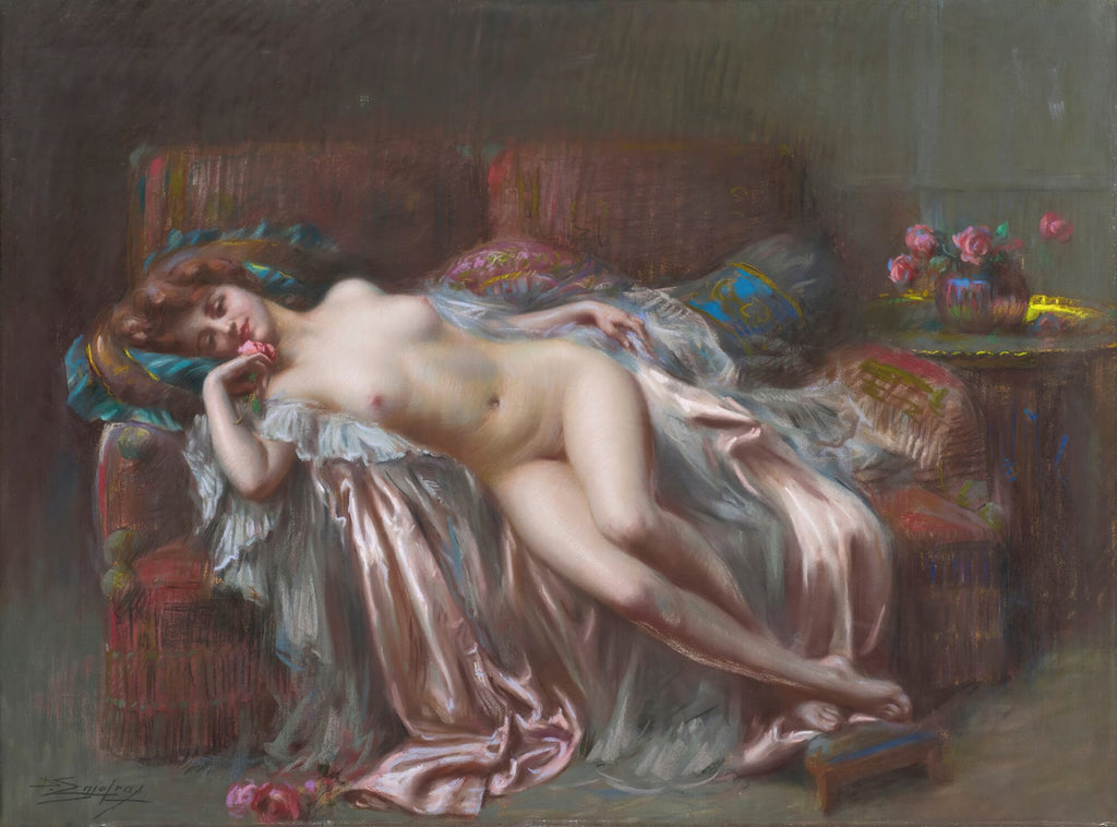 Quadro decorativo "A Jovem Adormecida" de Delphin Enjolras, retratando uma mulher nua reclinada em um sofá, com uma rosa na mão, em tons suaves.