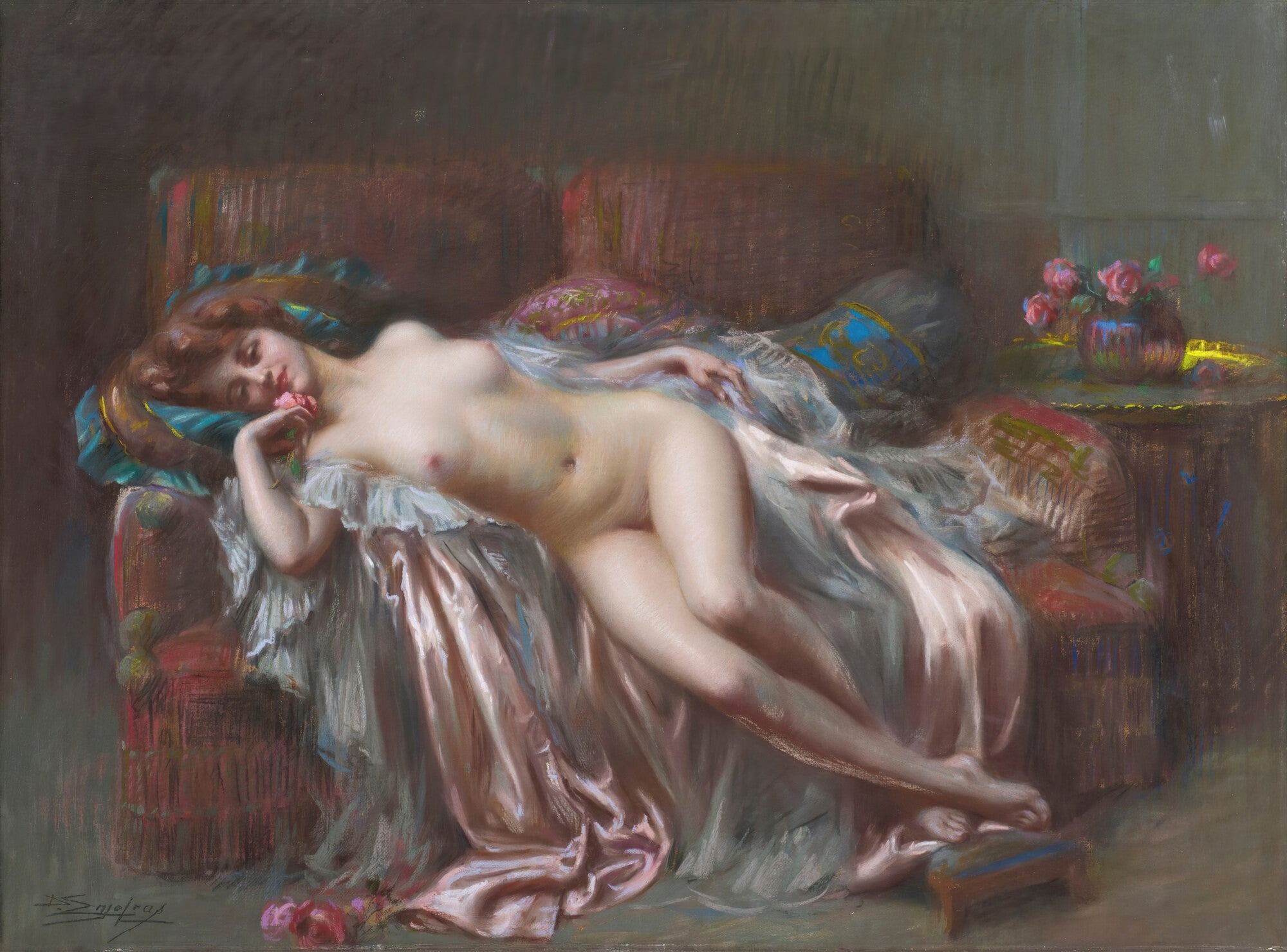Quadro decorativo "A Jovem Adormecida" de Delphin Enjolras, retratando uma mulher nua reclinada em um sofá, com uma rosa na mão, em tons suaves.