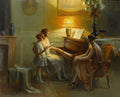 Quadro decorativo 'A Seresta Familiar' de Delphin Enjolras, mostrando uma mãe e sua filha tocando piano em uma sala iluminada por um abajur.