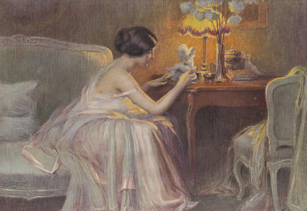 Quadro decorativo com pintura de Delphin Enjolras, mostrando uma mulher sentada em um interior iluminado, segurando uma estatueta de querubim.