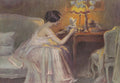 Quadro decorativo com pintura de Delphin Enjolras, mostrando uma mulher sentada em um interior iluminado, segurando uma estatueta de querubim.